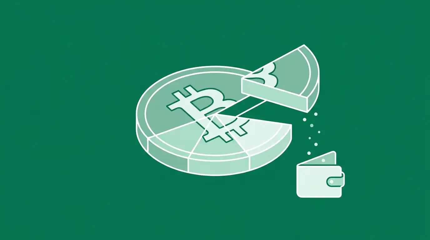 Bitcoin coin split into slices, showing you can buy partial bitcoin