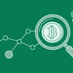 Bitcoin coin under a magnifying glass tracing a chain of transactions, showing Bitcoin is traceable