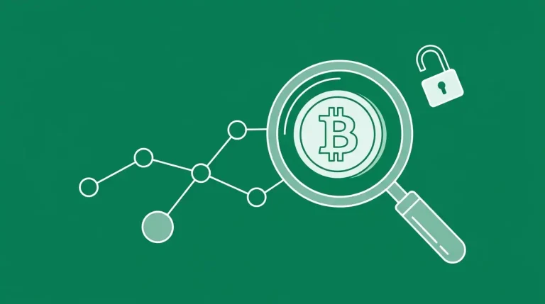 Bitcoin coin under a magnifying glass tracing a chain of transactions, showing Bitcoin is traceable