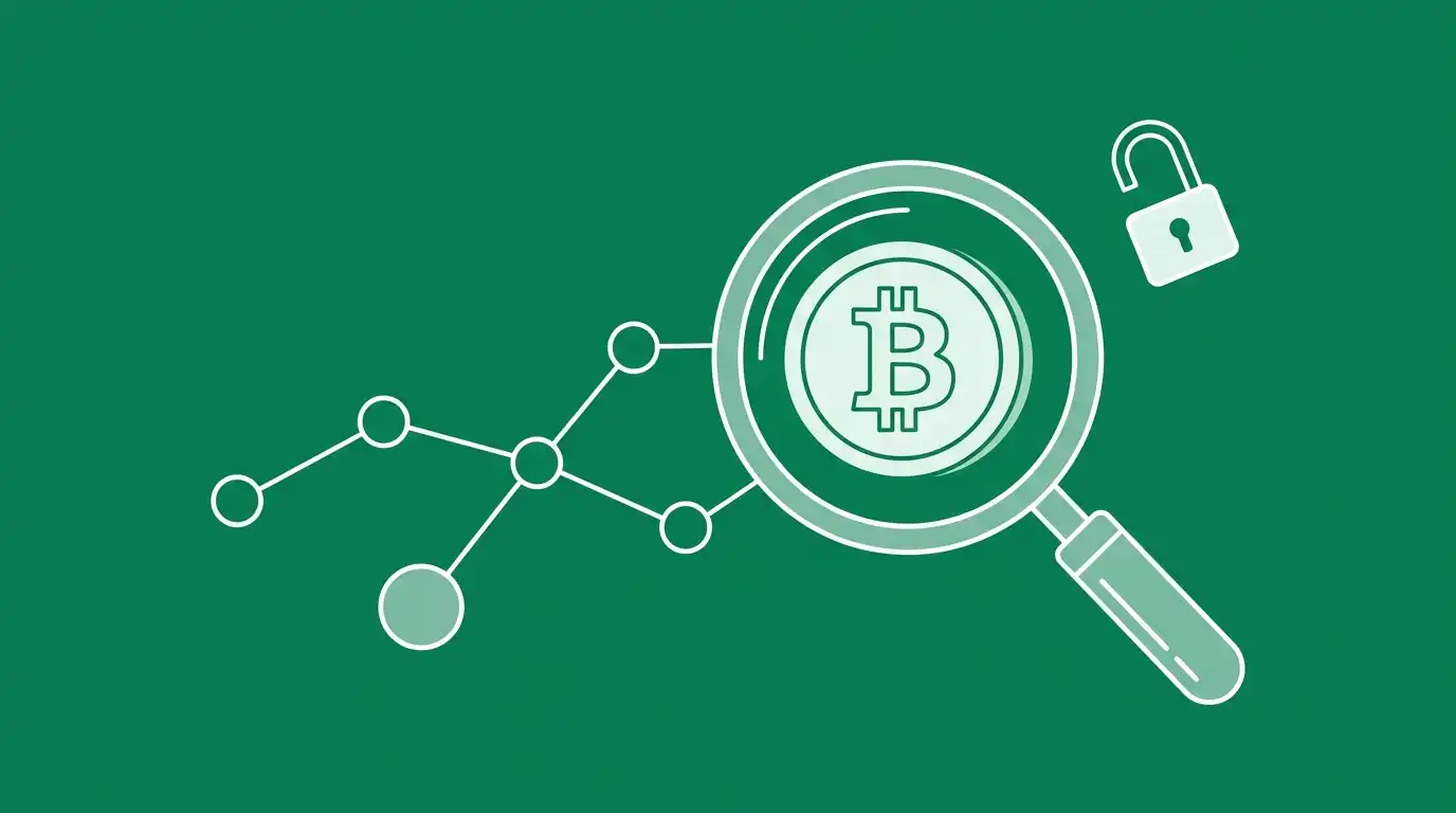 Bitcoin coin under a magnifying glass tracing a chain of transactions, showing Bitcoin is traceable